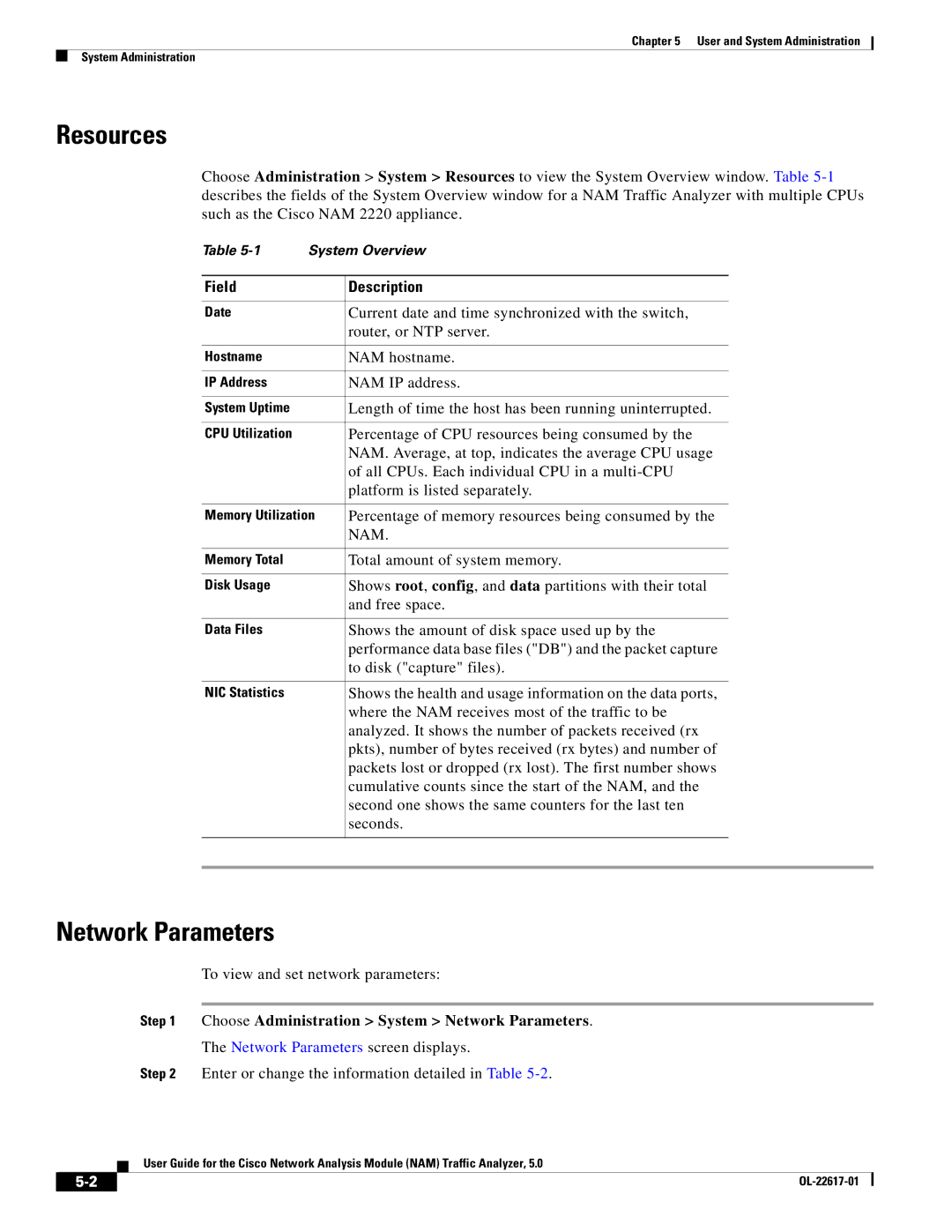 Cisco Systems 5, NAM manual Resources, Choose Administration System Network Parameters 