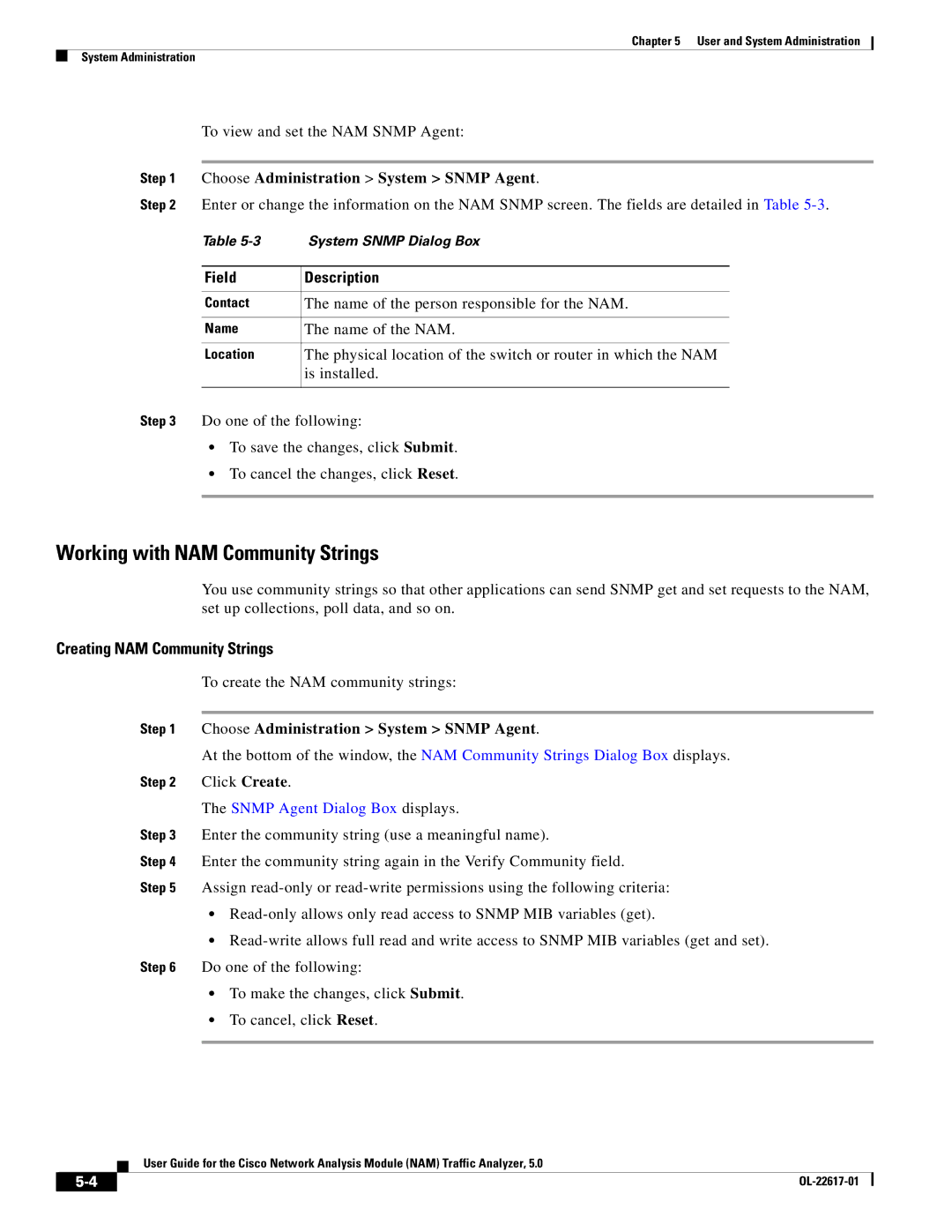 Cisco Systems 5 manual Working with NAM Community Strings, Creating NAM Community Strings, Snmp Agent Dialog Box displays 