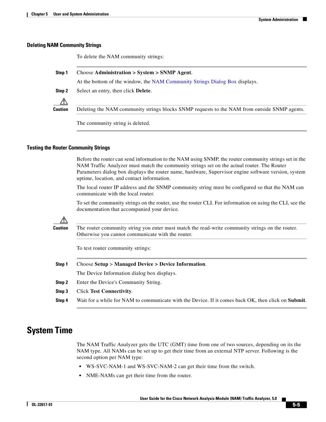 Cisco Systems 5 manual System Time, Deleting NAM Community Strings, Testing the Router Community Strings 