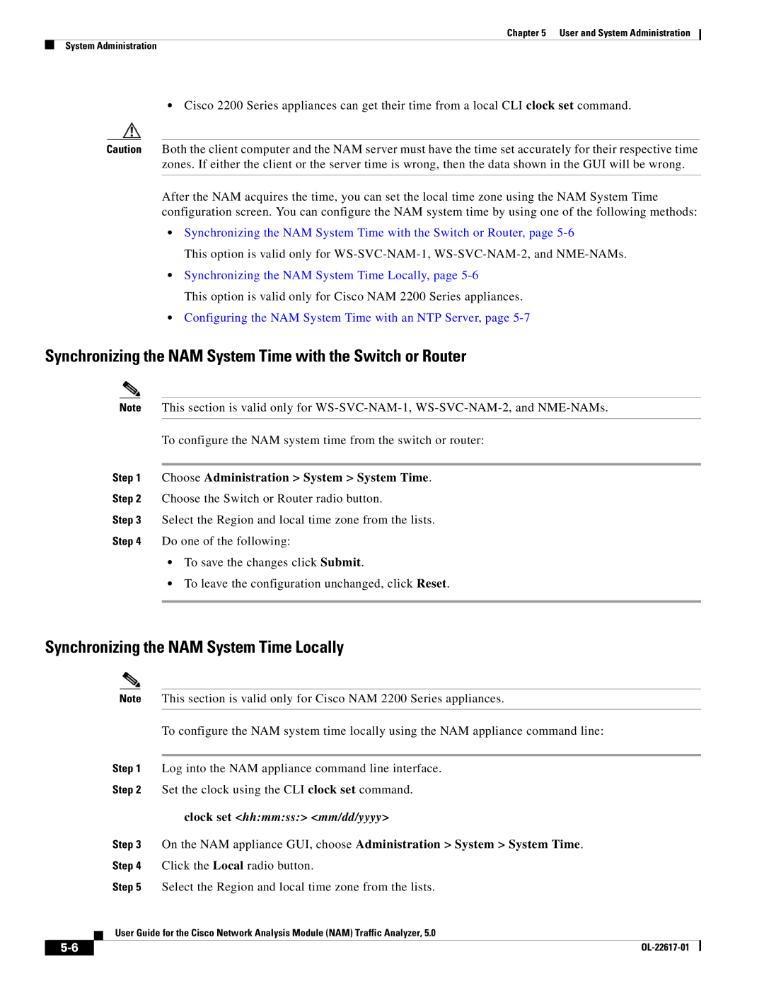 Cisco Systems 5 Synchronizing the NAM System Time with the Switch or Router, Synchronizing the NAM System Time Locally 