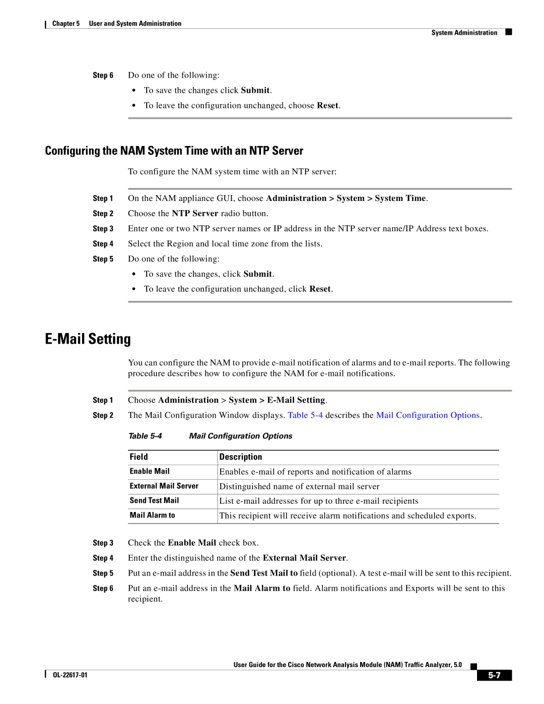 Cisco Systems 5 manual Mail Setting, Configuring the NAM System Time with an NTP Server 