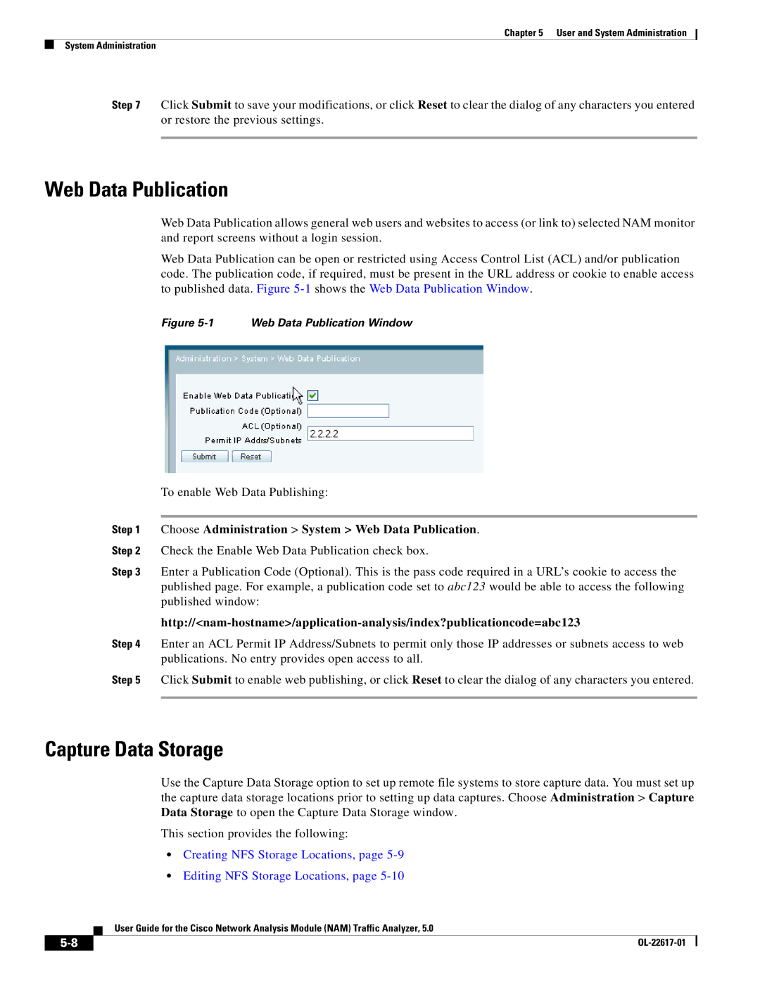 Cisco Systems 5, NAM manual Web Data Publication, Capture Data Storage, To enable Web Data Publishing 