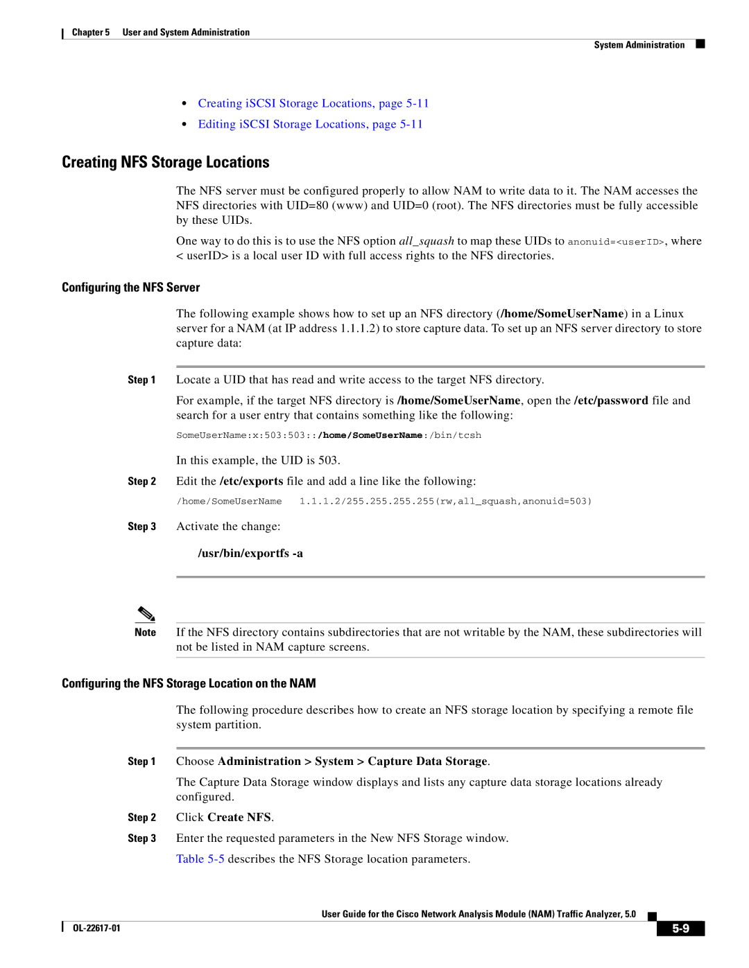 Cisco Systems NAM, 5 manual Creating NFS Storage Locations, Configuring the NFS Server 