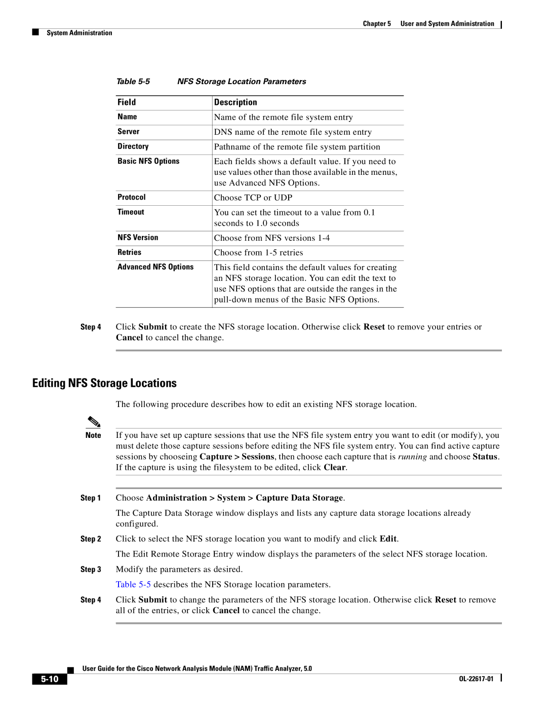 Cisco Systems 5, NAM manual Editing NFS Storage Locations 