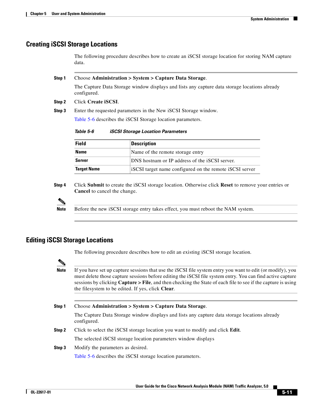 Cisco Systems NAM, 5 Creating iSCSI Storage Locations, Editing iSCSI Storage Locations, Name of the remote storage entry 