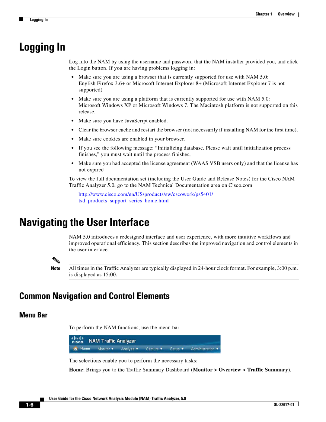 Cisco Systems 5, NAM manual Logging, Navigating the User Interface, Common Navigation and Control Elements, Menu Bar 