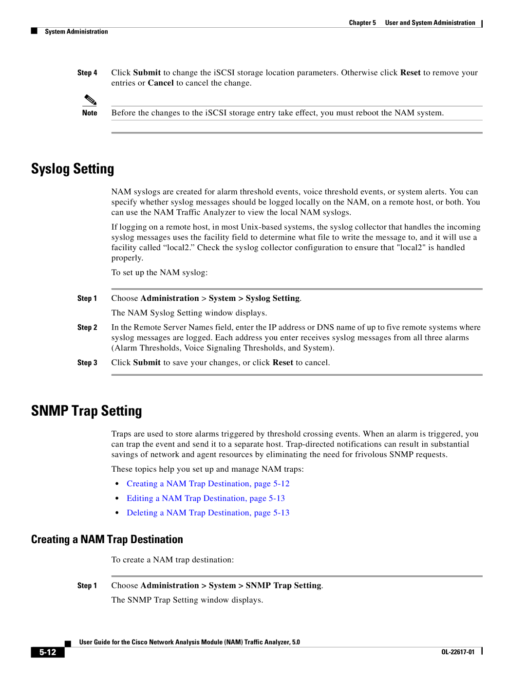 Cisco Systems 5 manual Syslog Setting, Snmp Trap Setting, Creating a NAM Trap Destination 