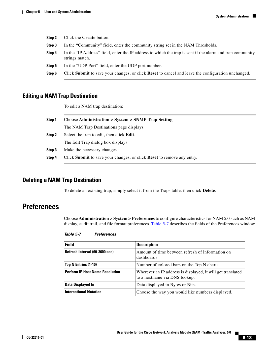 Cisco Systems 5 manual Preferences, Editing a NAM Trap Destination, Deleting a NAM Trap Destination 