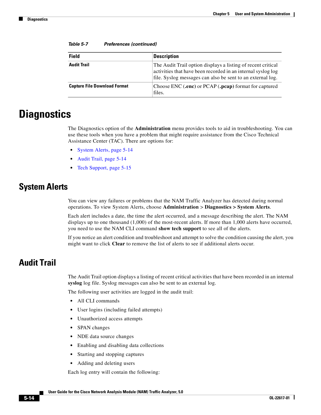 Cisco Systems 5, NAM manual Diagnostics, System Alerts, Audit Trail, Tech Support 