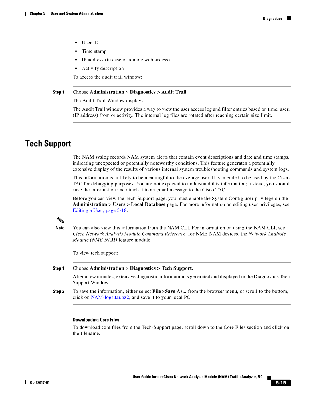 Cisco Systems NAM, 5 manual Tech Support, Choose Administration Diagnostics Audit Trail, Downloading Core Files 