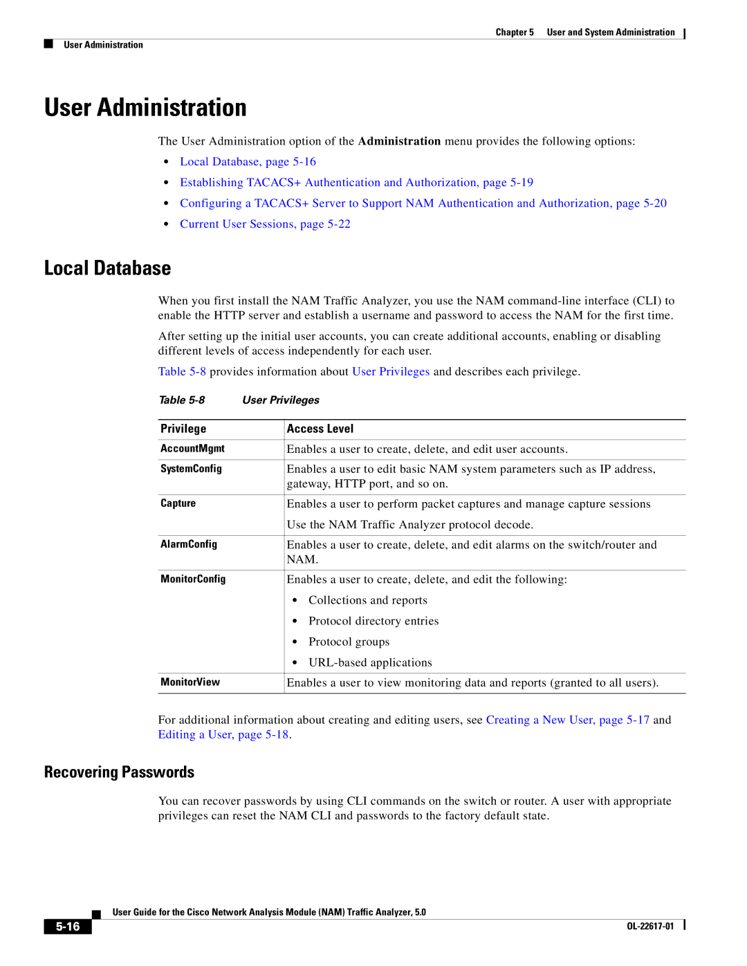 Cisco Systems 5, NAM manual User Administration, Local Database, Recovering Passwords, Privilege Access Level 