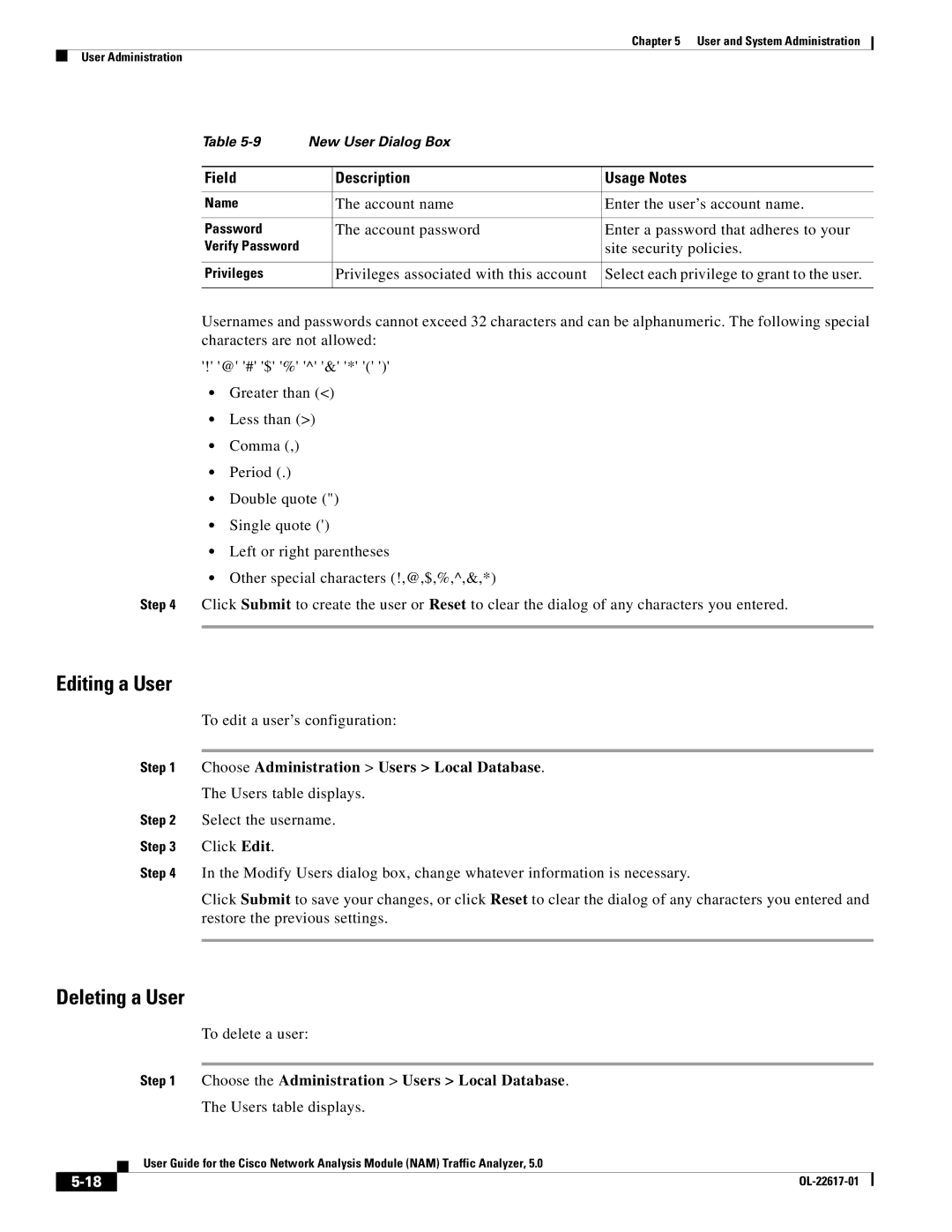 Cisco Systems 5, NAM manual Editing a User, Deleting a User, Choose the Administration Users Local Database 