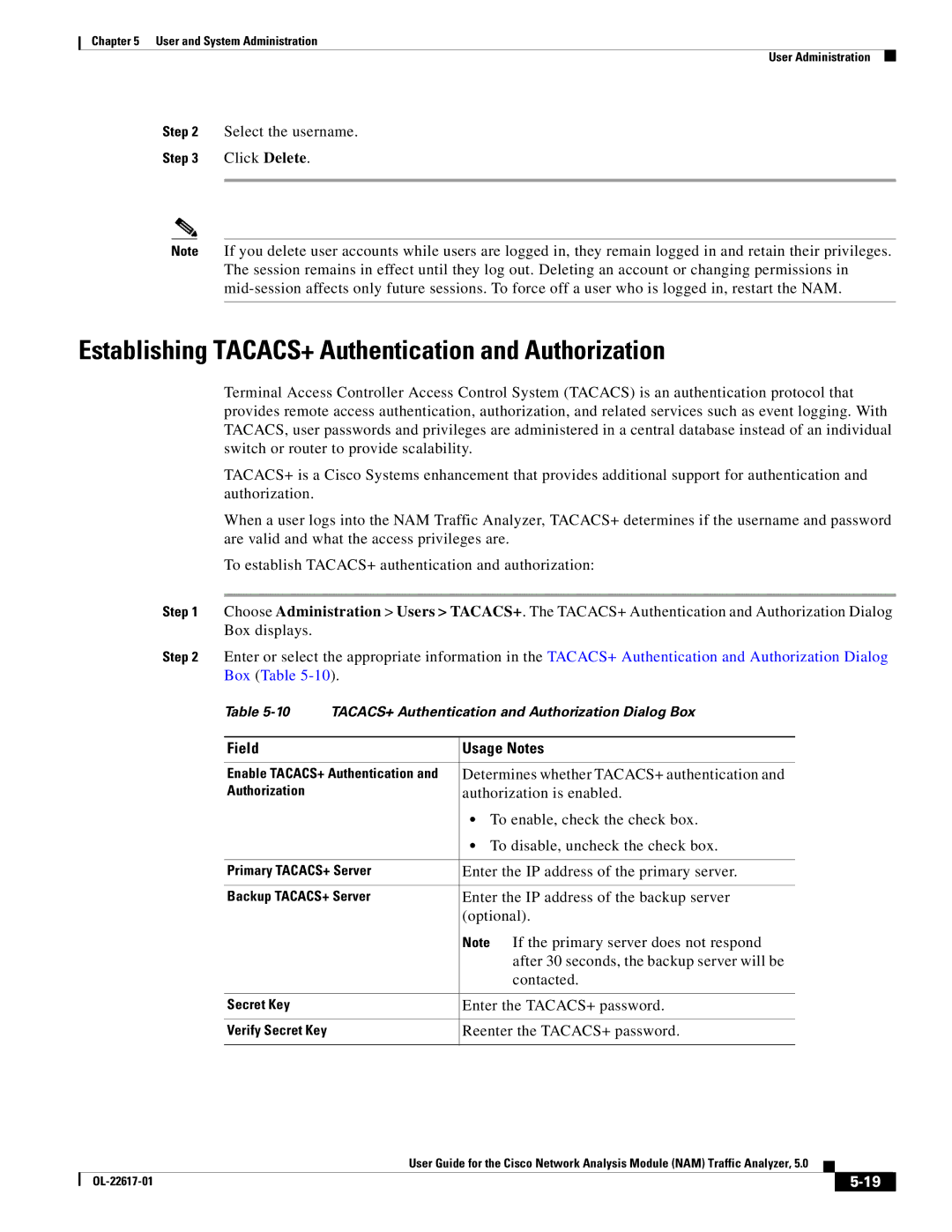 Cisco Systems NAM, 5 manual Establishing TACACS+ Authentication and Authorization, Field Usage Notes 