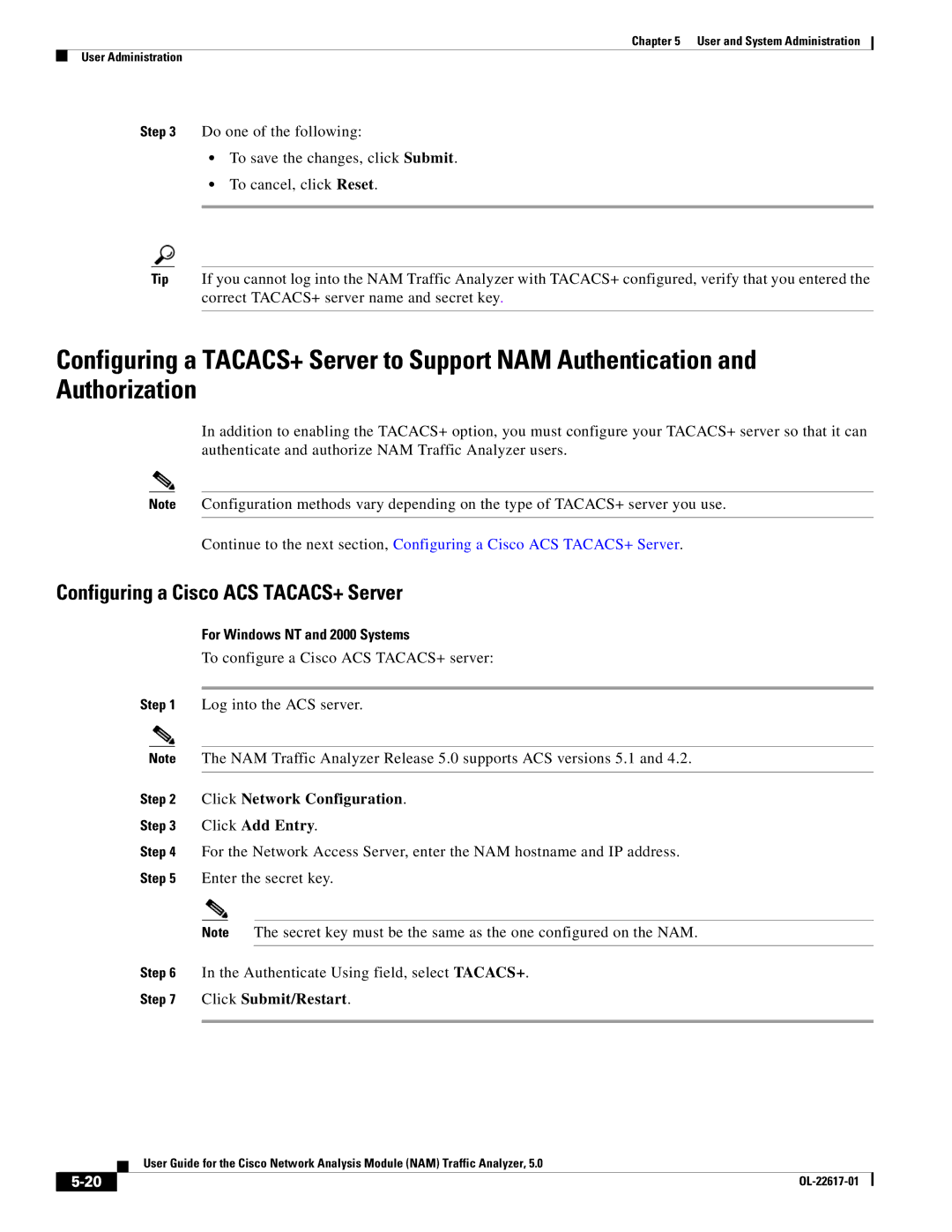 Cisco Systems 5, NAM manual Configuring a Cisco ACS TACACS+ Server, For Windows NT and 2000 Systems, Click Submit/Restart 