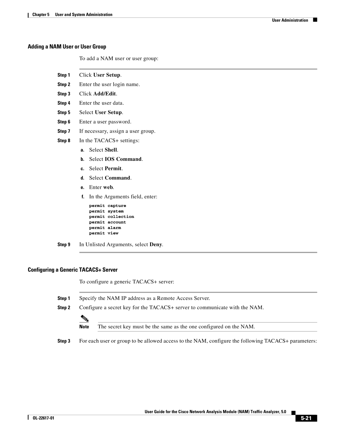 Cisco Systems 5 manual Adding a NAM User or User Group, Configuring a Generic TACACS+ Server 