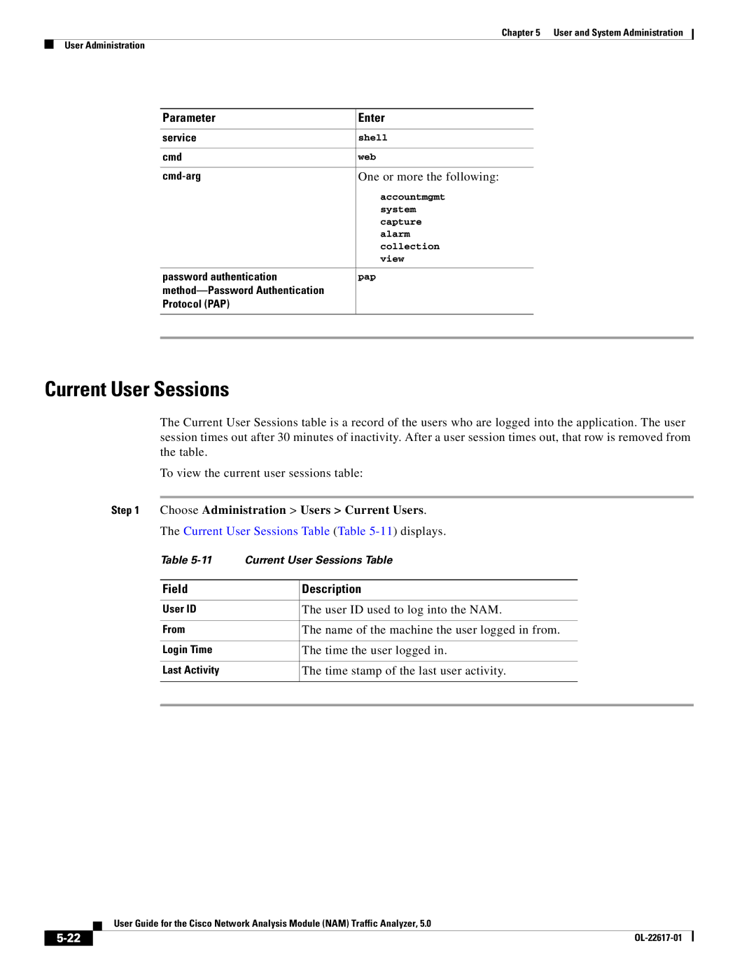 Cisco Systems 5, NAM manual Current User Sessions, Parameter Enter 