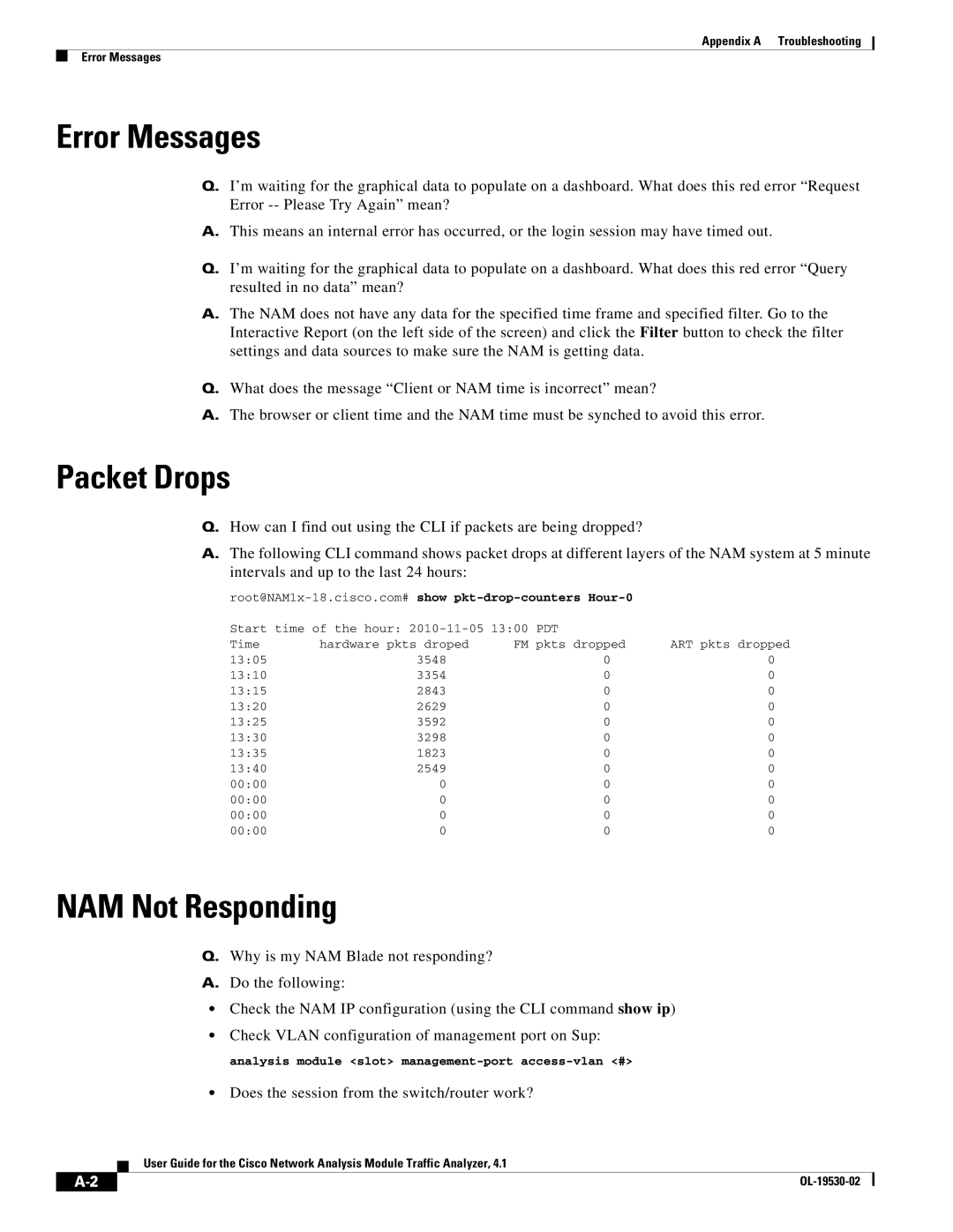 Cisco Systems 5 manual Error Messages, Packet Drops, NAM Not Responding, Does the session from the switch/router work? 