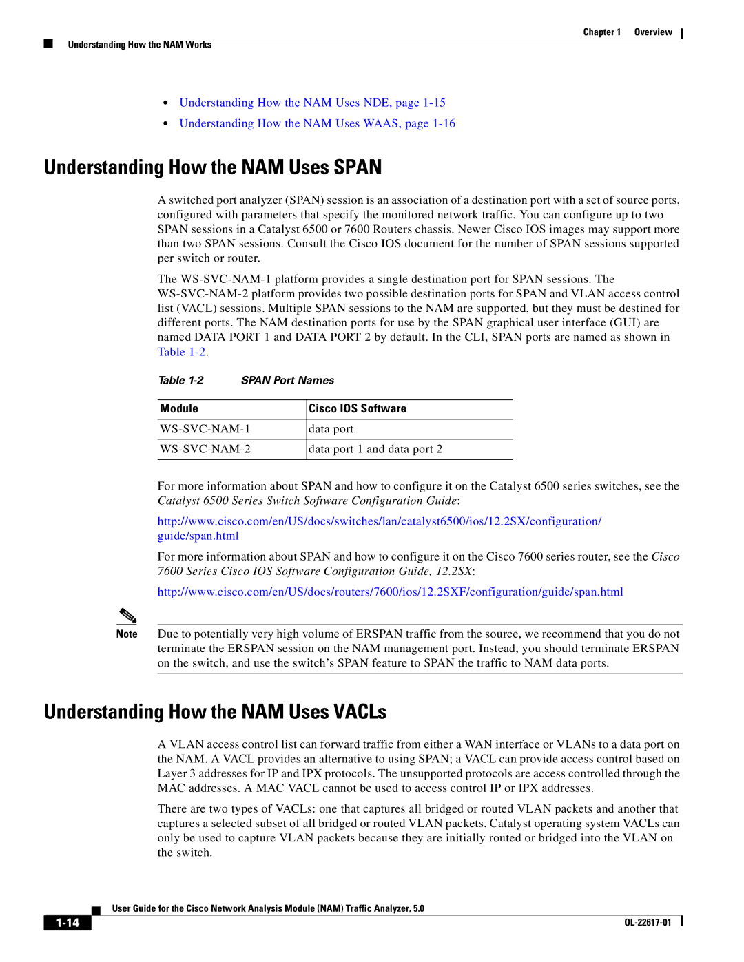 Cisco Systems 5 manual Understanding How the NAM Uses Span, Understanding How the NAM Uses VACLs, Module Cisco IOS Software 