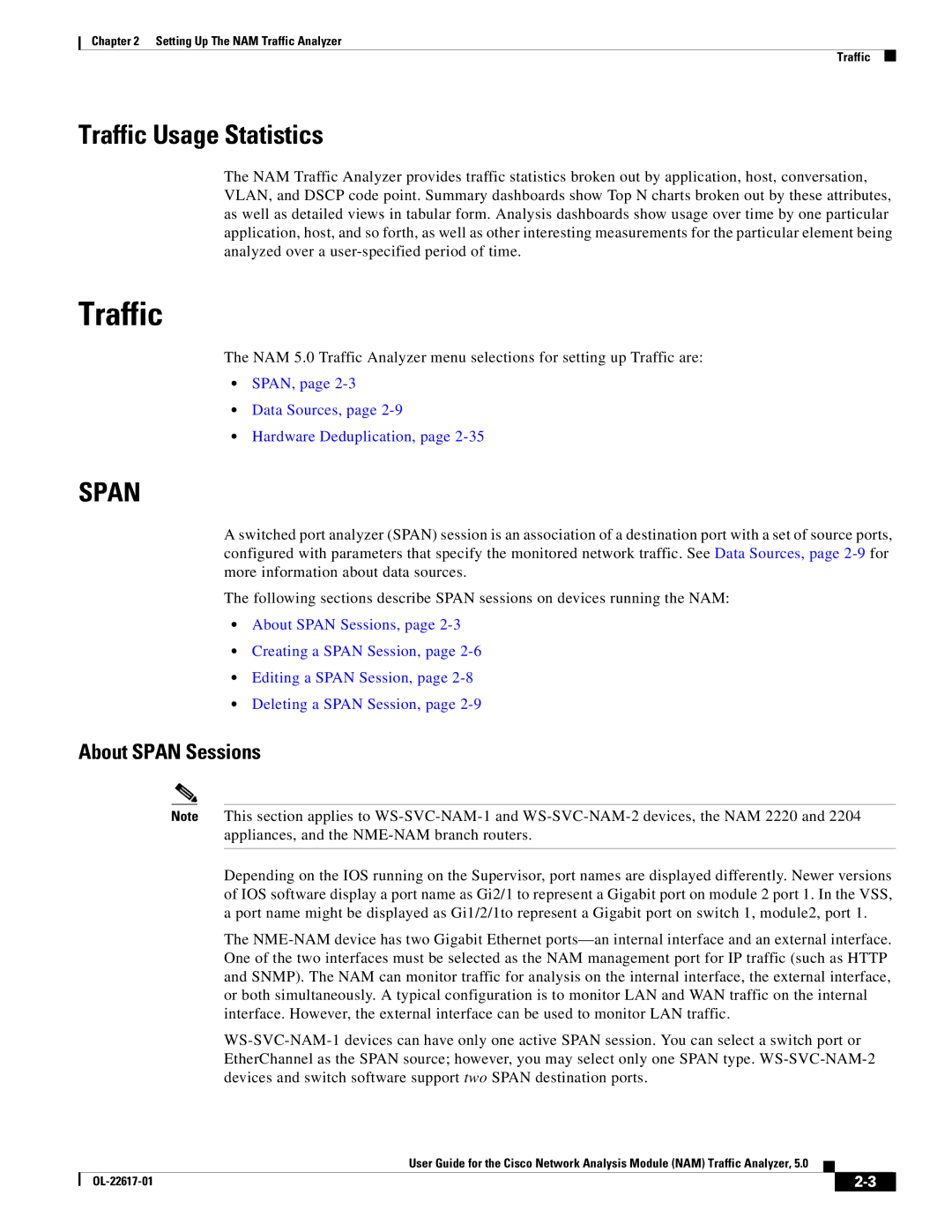 Cisco Systems NAM, 5 manual Traffic Usage Statistics, About Span Sessions, SPAN, Data Sources, Hardware Deduplication 