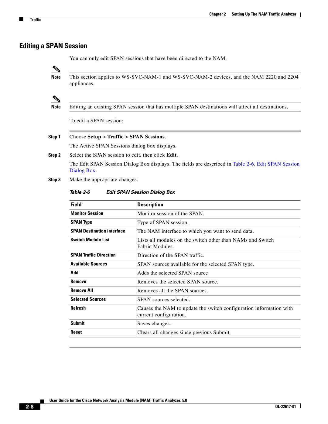 Cisco Systems 5, NAM manual Editing a Span Session, Choose Setup Traffic Span Sessions, Dialog Box 