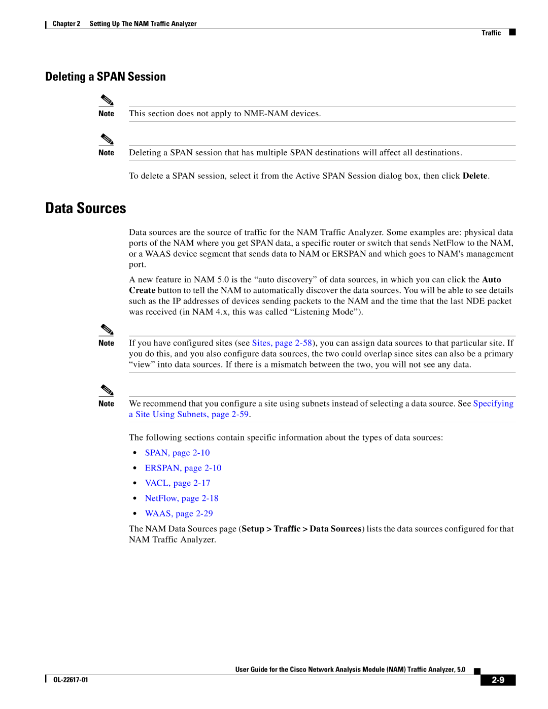 Cisco Systems NAM, 5 manual Data Sources, Deleting a Span Session, SPAN, ERSPAN, VACL, NetFlow, WAAS 