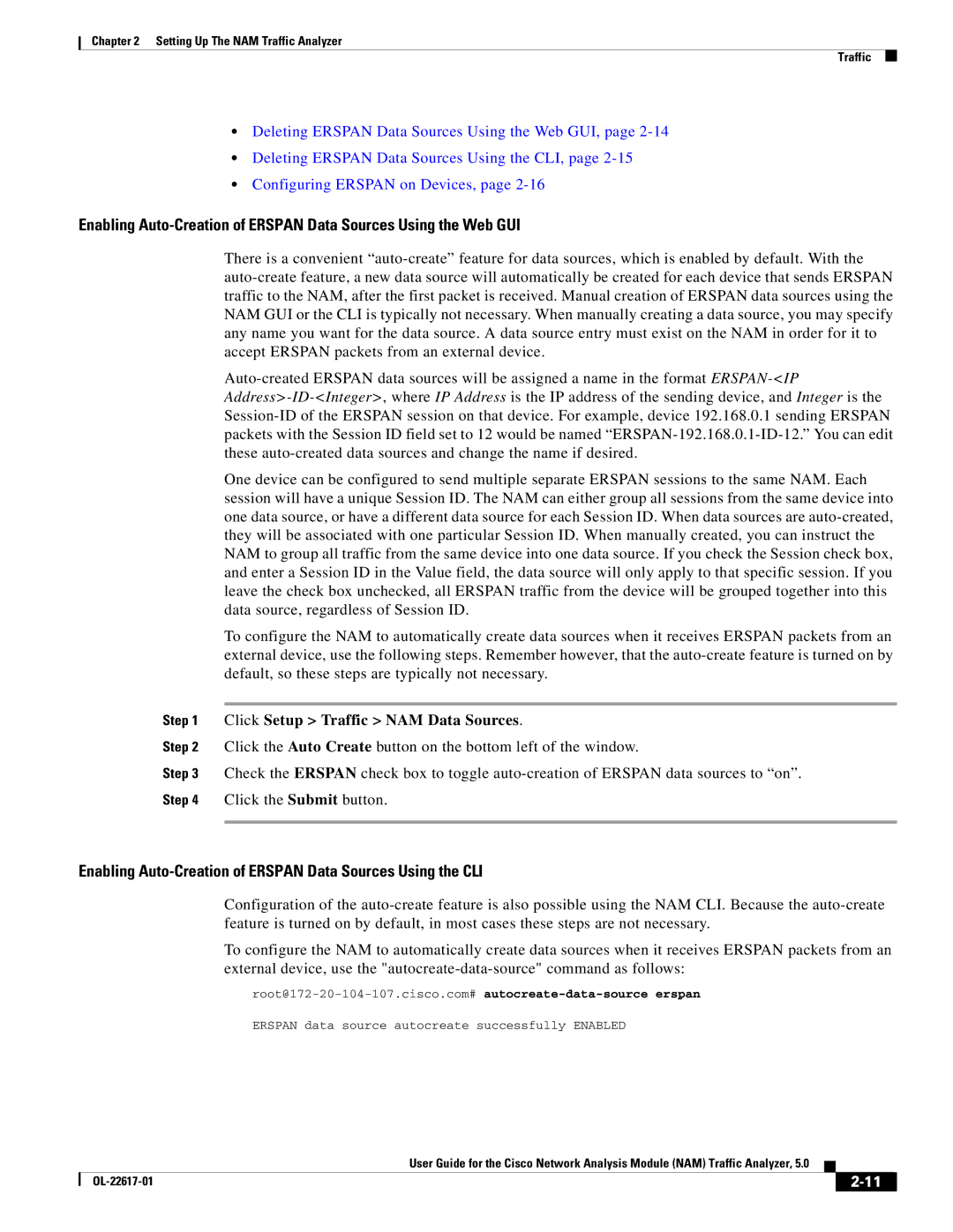 Cisco Systems 5 manual Enabling Auto-Creation of Erspan Data Sources Using the CLI, Click Setup Traffic NAM Data Sources 