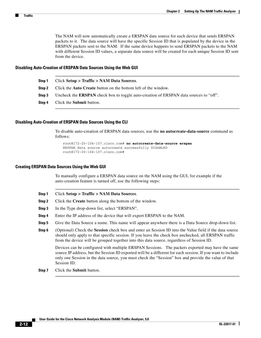 Cisco Systems 5, NAM manual Disabling Auto-Creation of Erspan Data Sources Using the CLI 