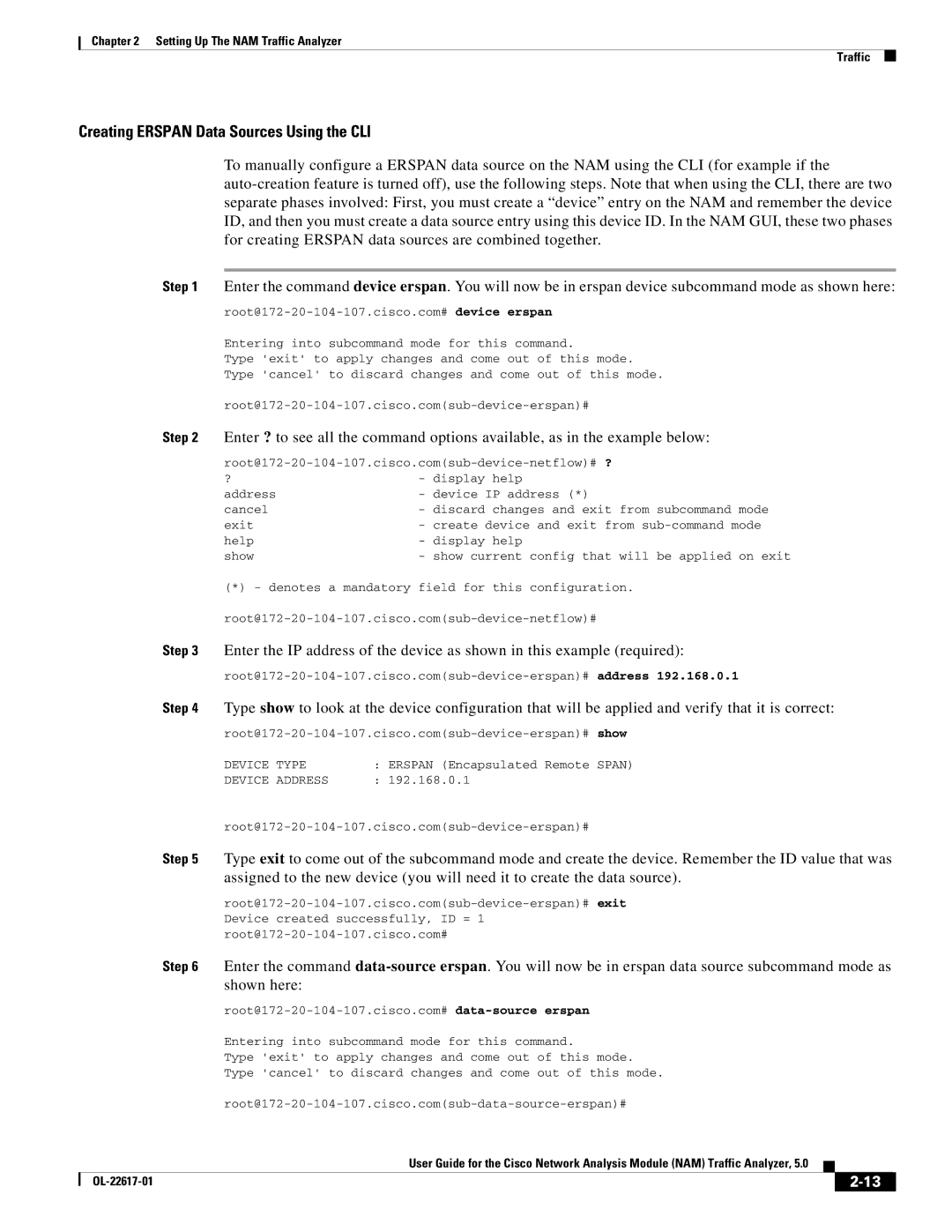 Cisco Systems NAM, 5 manual Creating Erspan Data Sources Using the CLI 