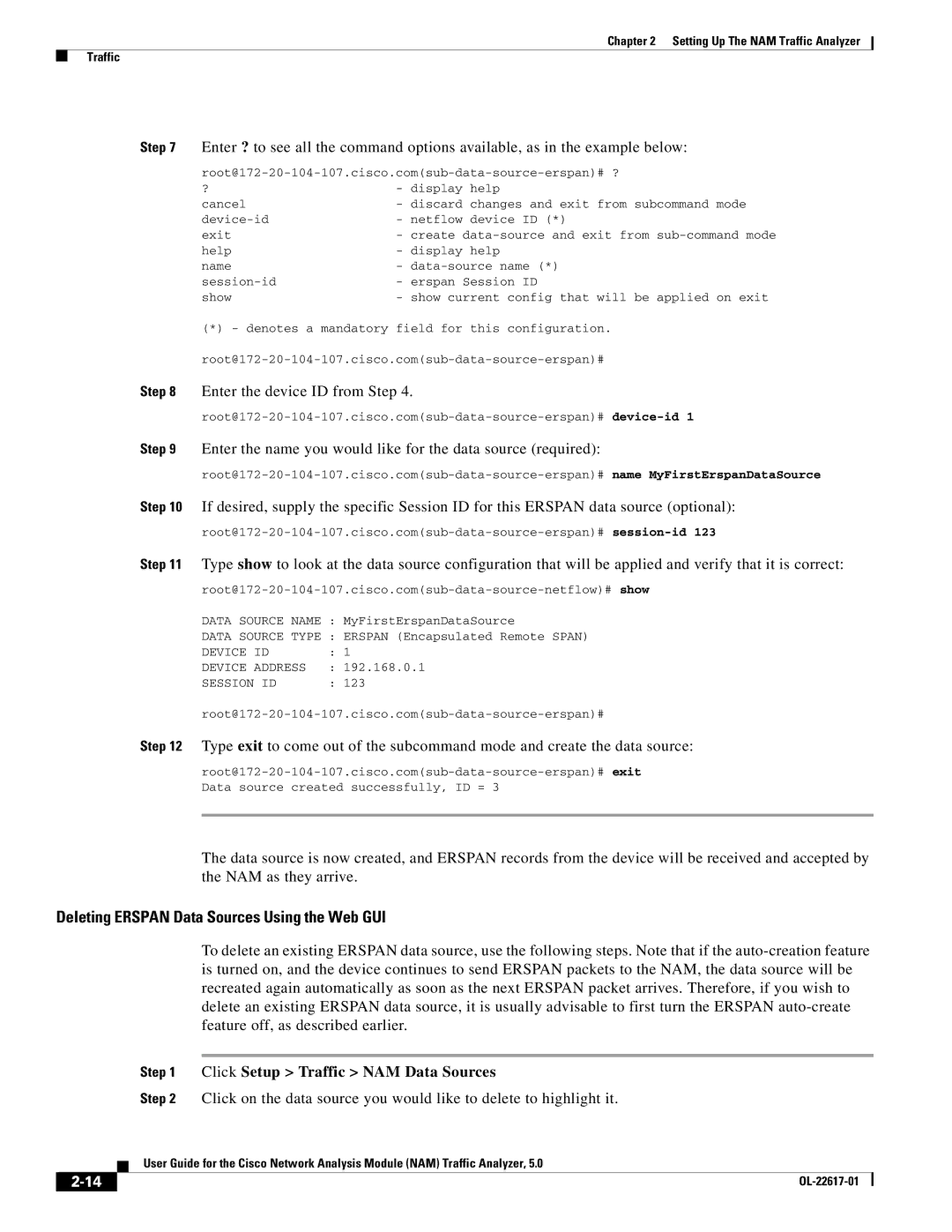 Cisco Systems 5, NAM manual Deleting Erspan Data Sources Using the Web GUI, Enter the device ID from Step 