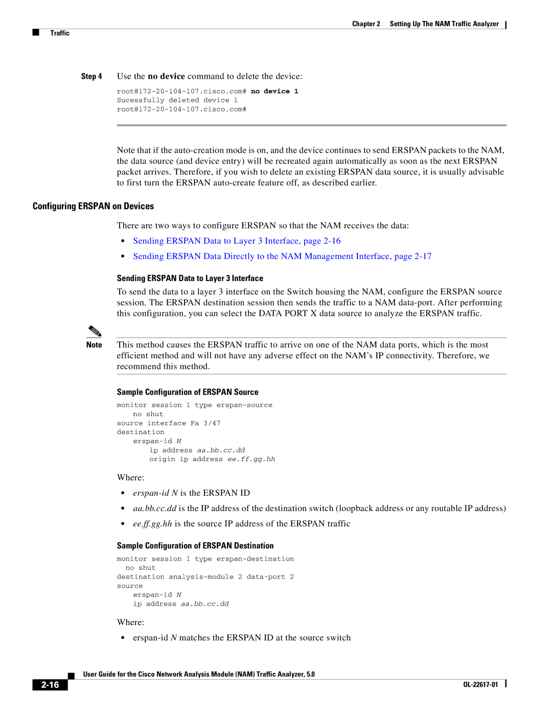 Cisco Systems 5, NAM manual Configuring Erspan on Devices, Use the no device command to delete the device 