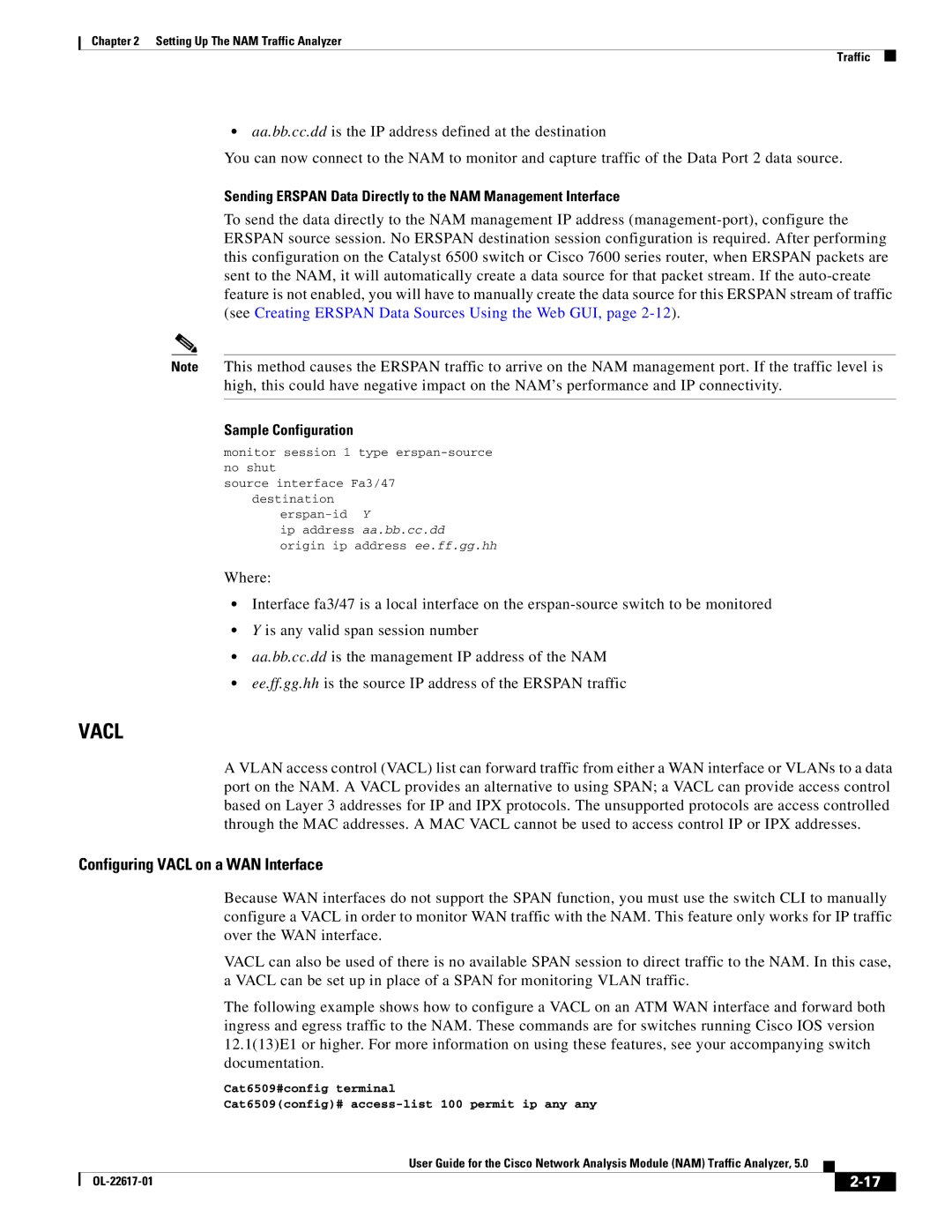 Cisco Systems NAM, 5 manual Configuring Vacl on a WAN Interface, Sample Configuration 