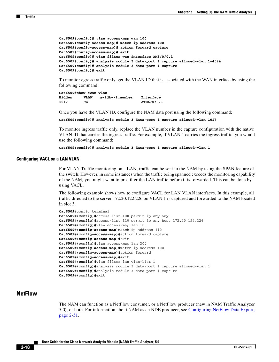 Cisco Systems 5, NAM manual NetFlow, Configuring Vacl on a LAN Vlan 