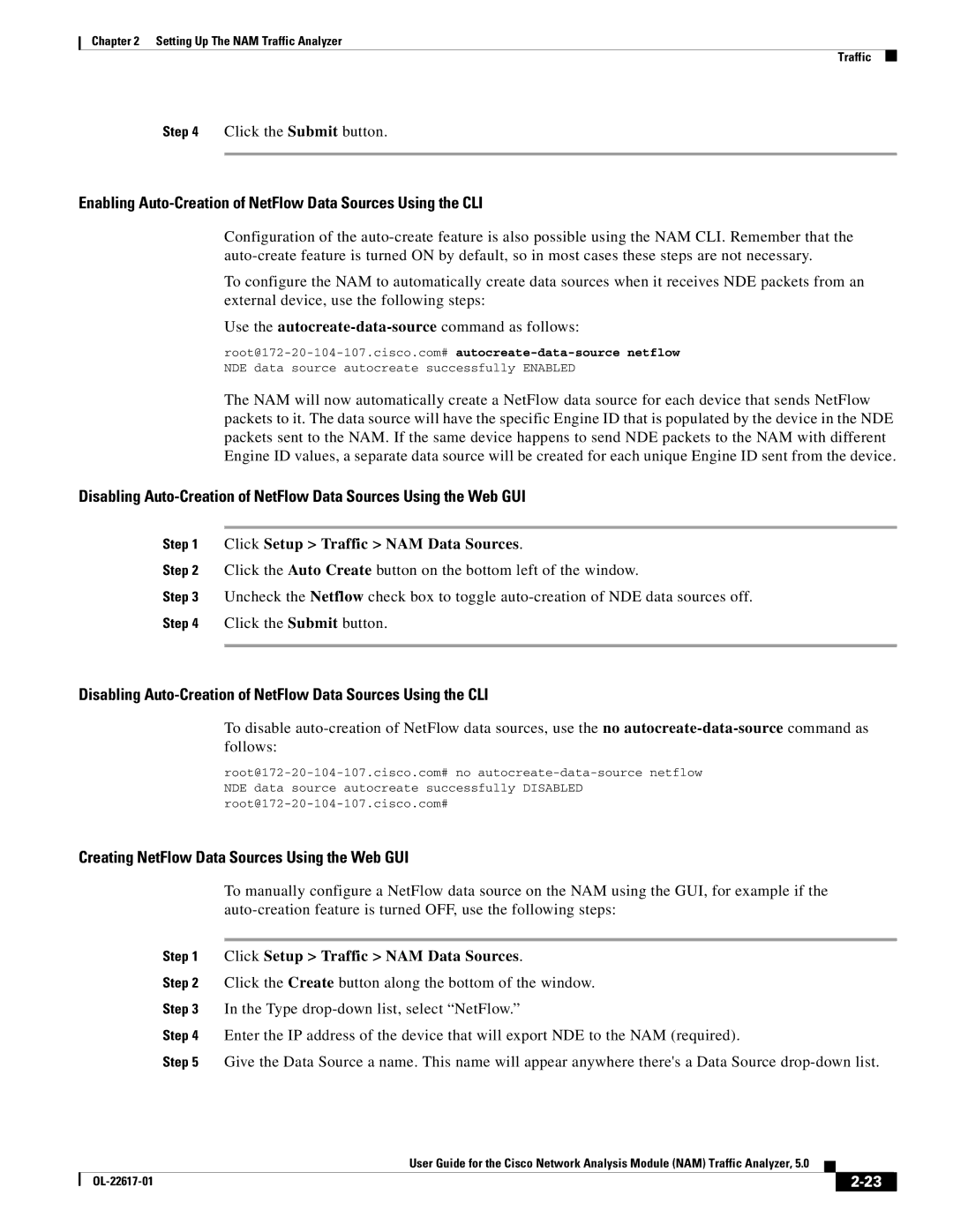 Cisco Systems NAM, 5 manual Enabling Auto-Creation of NetFlow Data Sources Using the CLI 