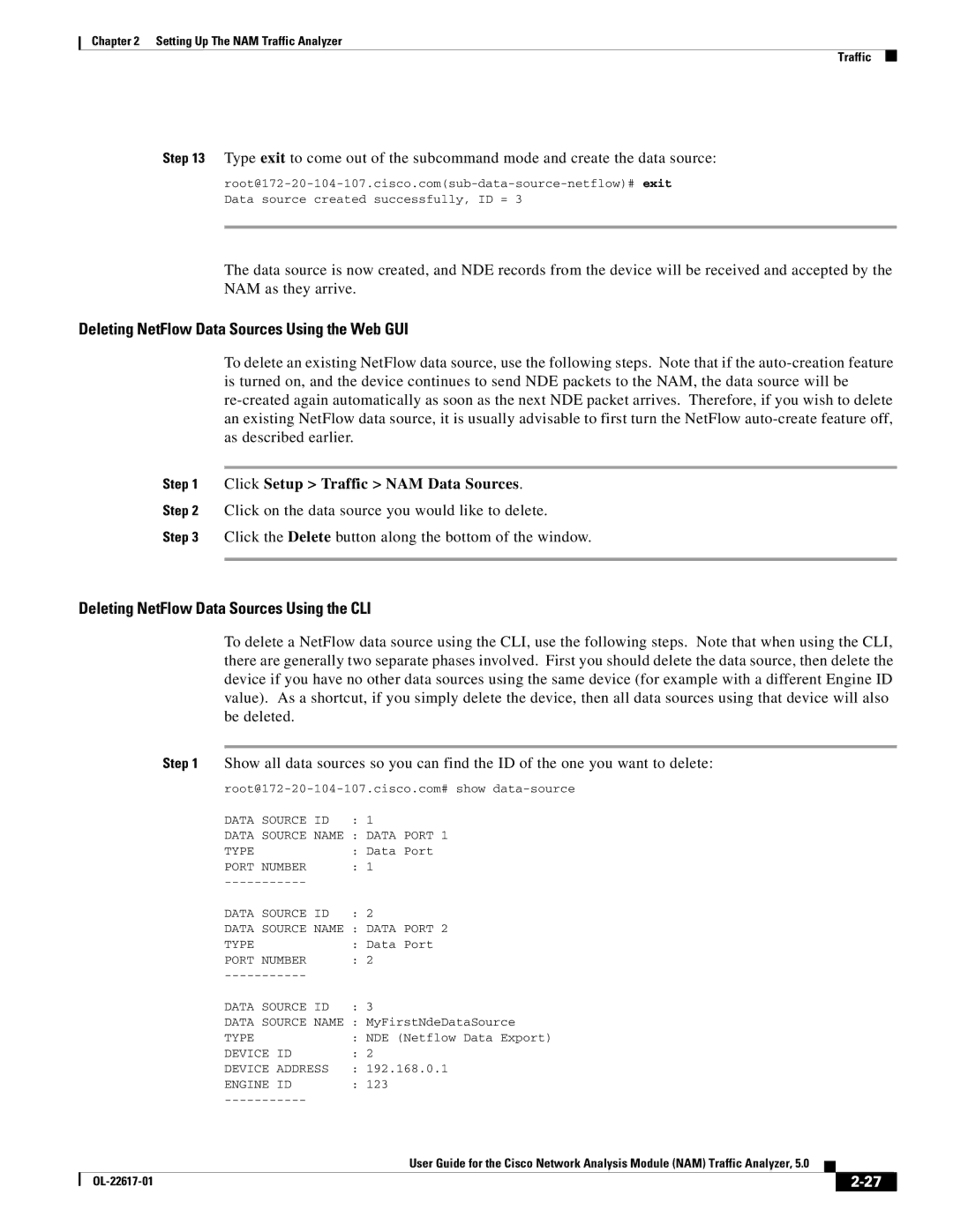 Cisco Systems NAM, 5 manual Deleting NetFlow Data Sources Using the Web GUI, Deleting NetFlow Data Sources Using the CLI 