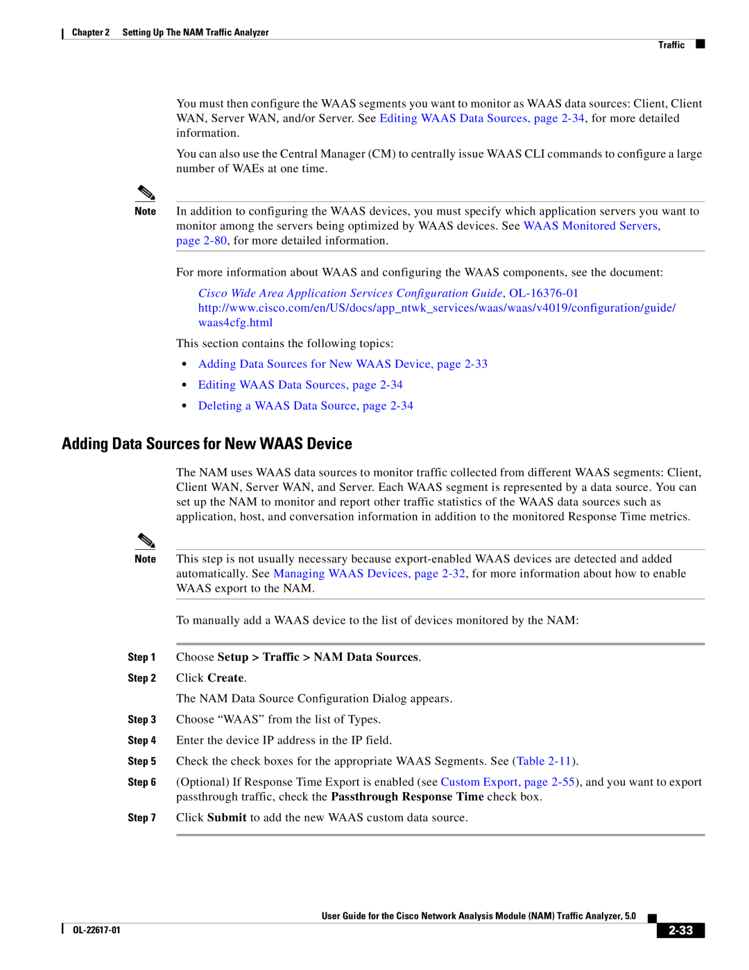 Cisco Systems 5 manual Adding Data Sources for New Waas Device, Choose Setup Traffic NAM Data Sources 