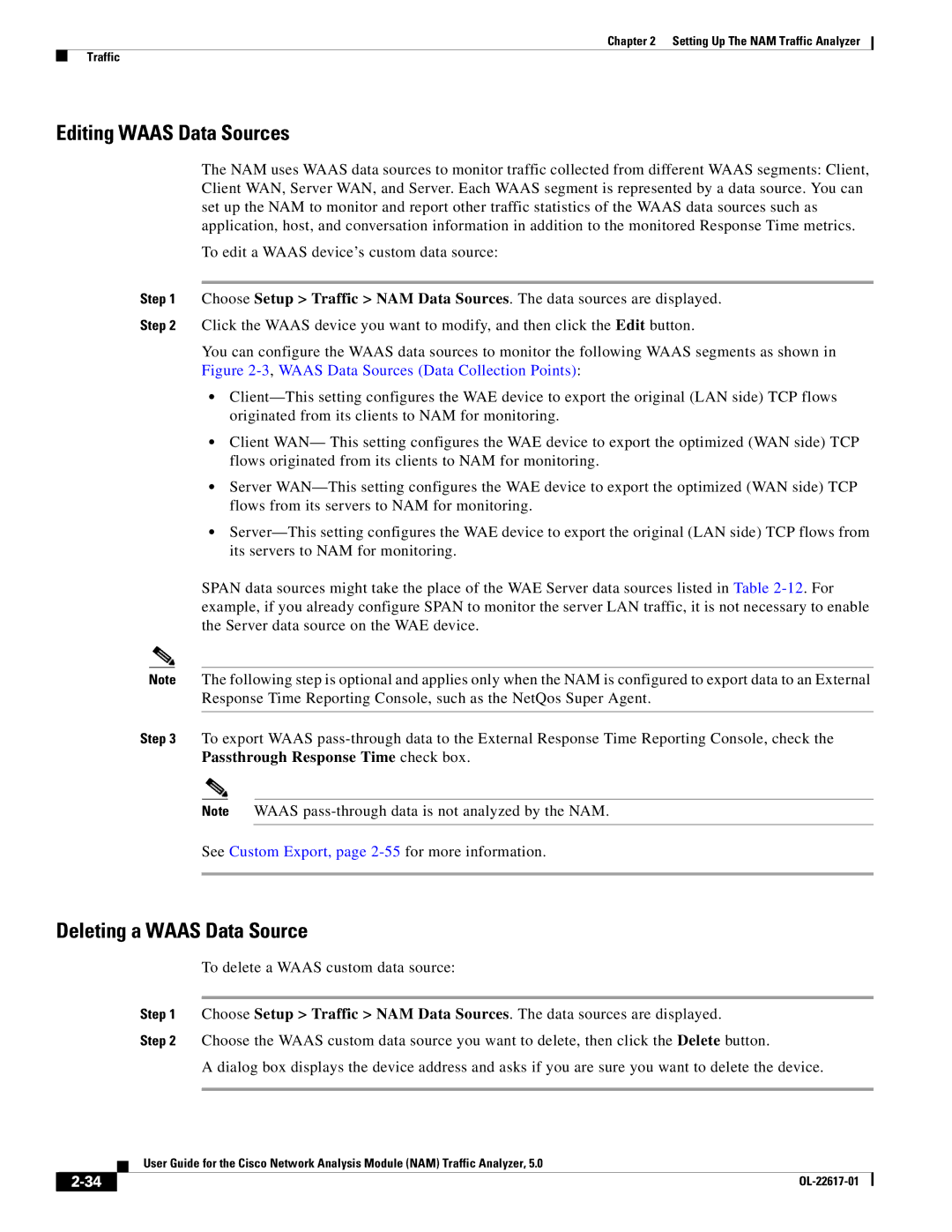 Cisco Systems 5, NAM manual Editing Waas Data Sources, Deleting a Waas Data Source 