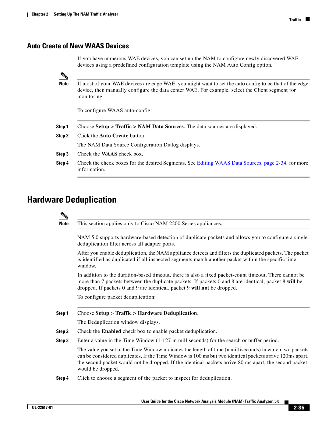 Cisco Systems NAM, 5 manual Auto Create of New Waas Devices, Choose Setup Traffic Hardware Deduplication 