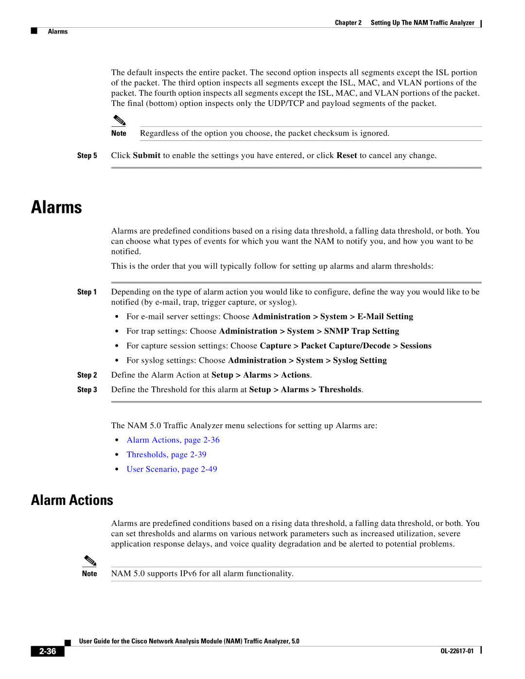 Cisco Systems 5, NAM manual Alarms, Alarm Actions, Thresholds, User Scenario 