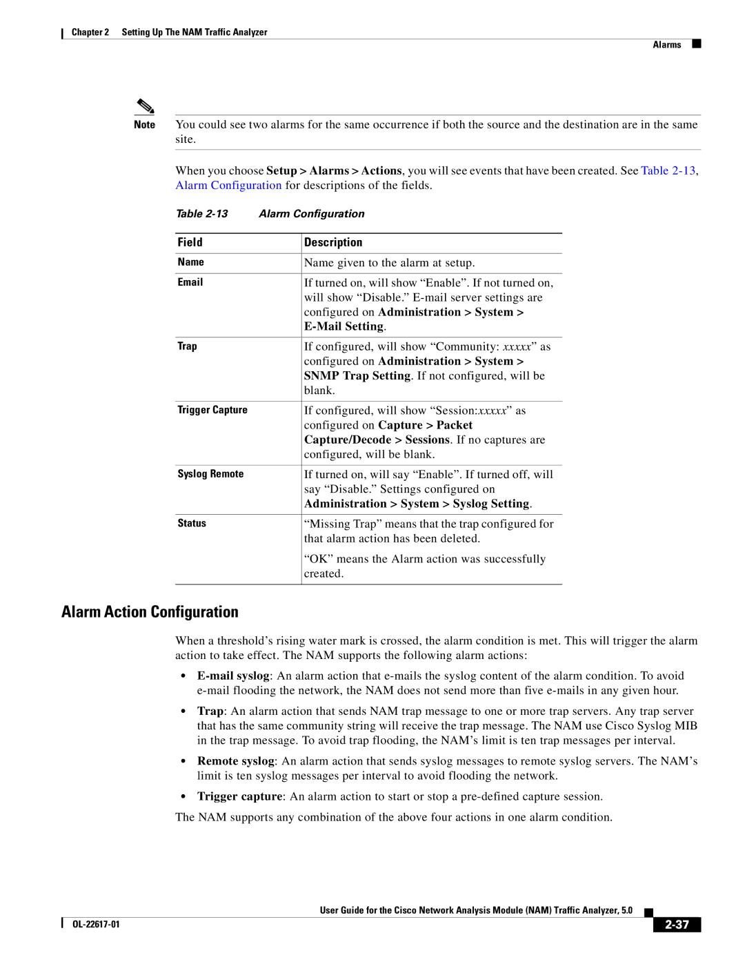 Cisco Systems NAM, 5 manual Alarm Action Configuration 