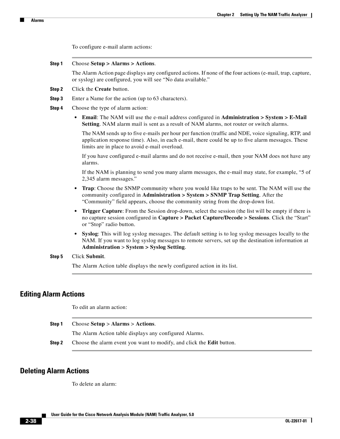 Cisco Systems 5, NAM manual Editing Alarm Actions, Deleting Alarm Actions, Choose Setup Alarms Actions 