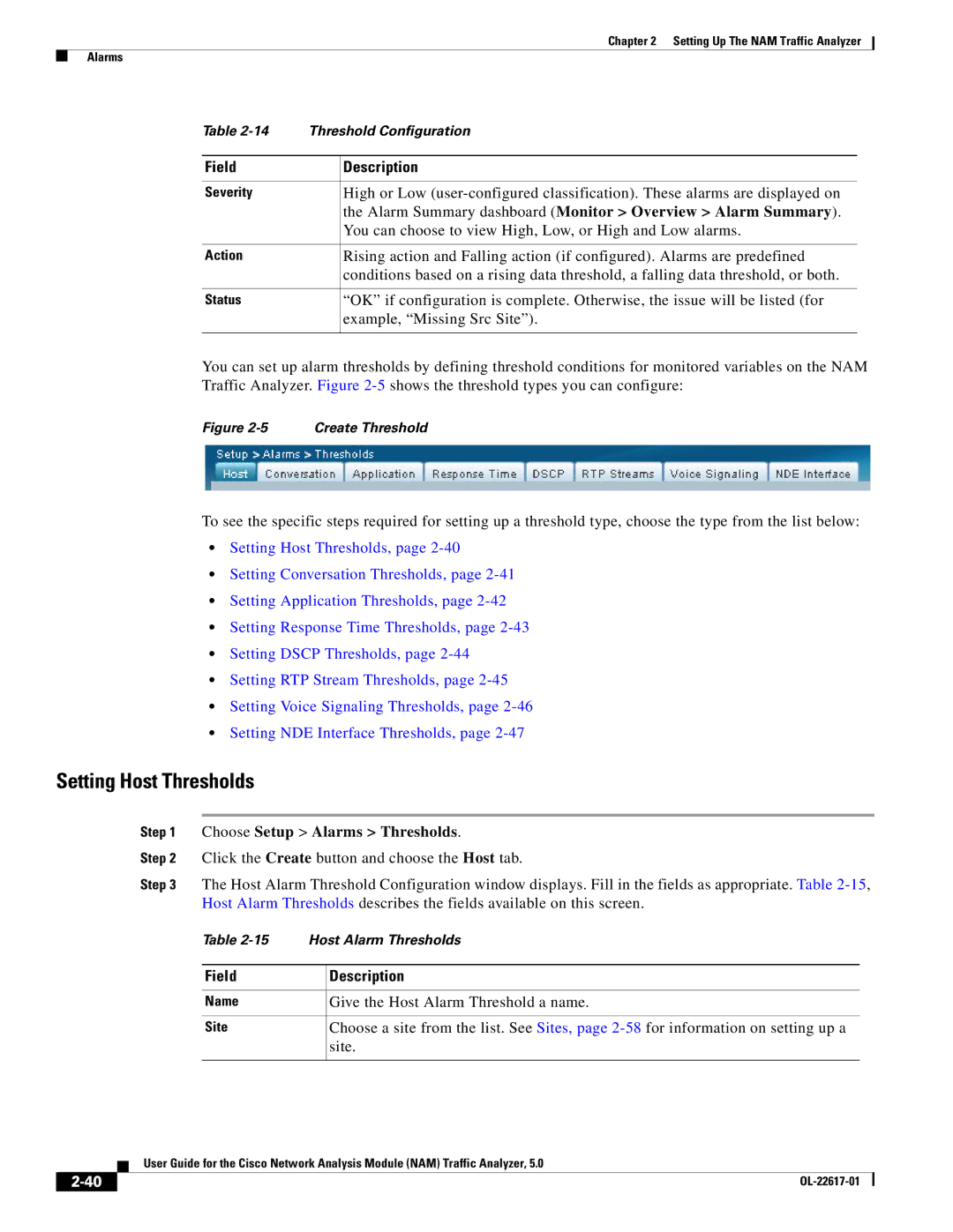 Cisco Systems 5, NAM manual Setting Host Thresholds, Alarm Summary dashboard Monitor Overview Alarm Summary, Field 