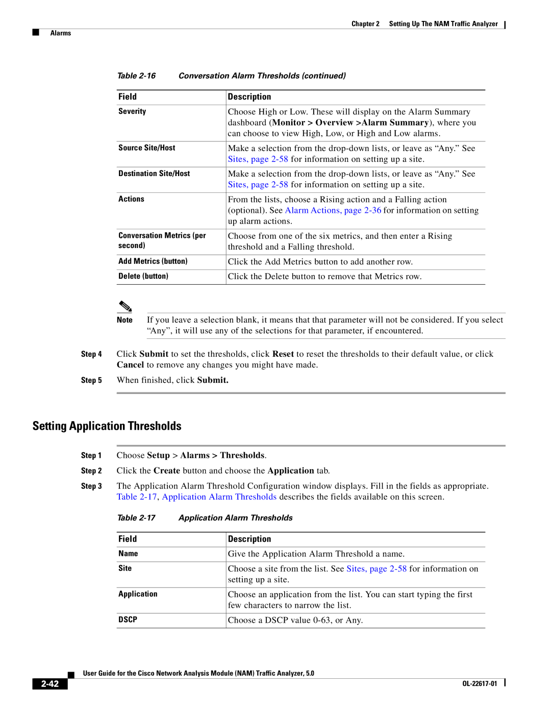 Cisco Systems 5, NAM manual Setting Application Thresholds, Dashboard Monitor Overview Alarm Summary , where you 