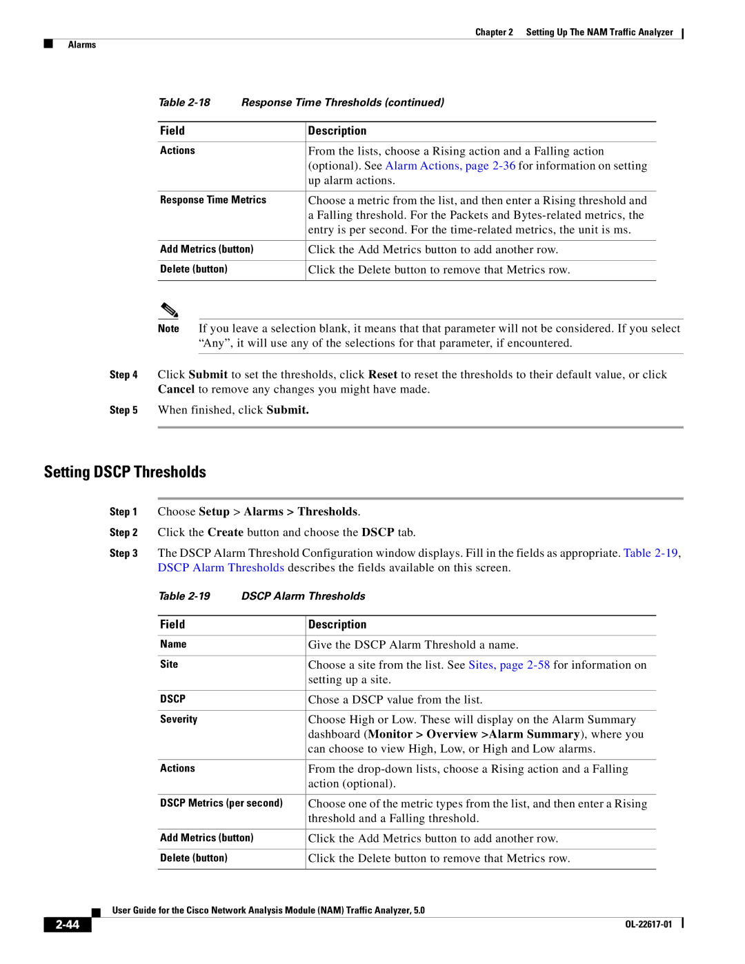 Cisco Systems 5, NAM manual Setting Dscp Thresholds, Give the Dscp Alarm Threshold a name, Chose a Dscp value from the list 