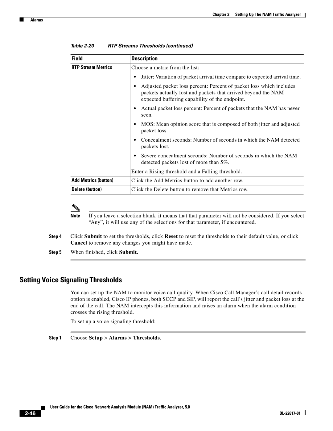 Cisco Systems 5, NAM manual Setting Voice Signaling Thresholds 