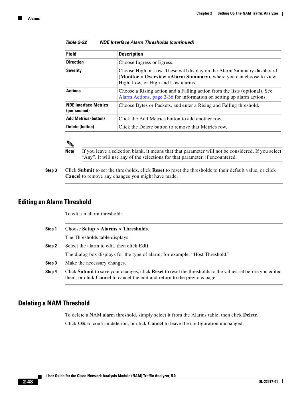 Cisco Systems 5 manual Editing an Alarm Threshold, Deleting a NAM Threshold 