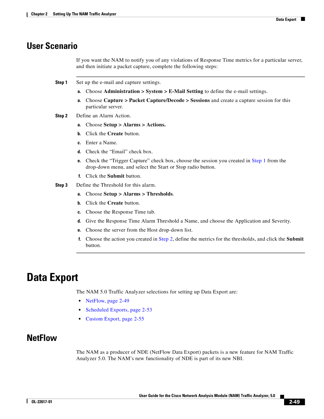 Cisco Systems NAM, 5 manual Data Export, User Scenario, NetFlow, Scheduled Exports, Custom Export 