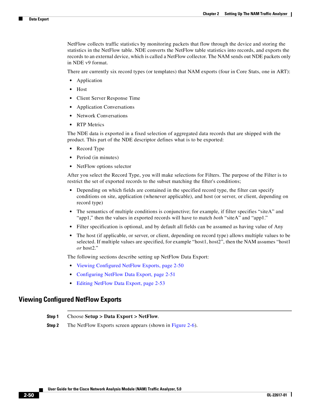 Cisco Systems 5, NAM manual Viewing Configured NetFlow Exports, Choose Setup Data Export NetFlow 