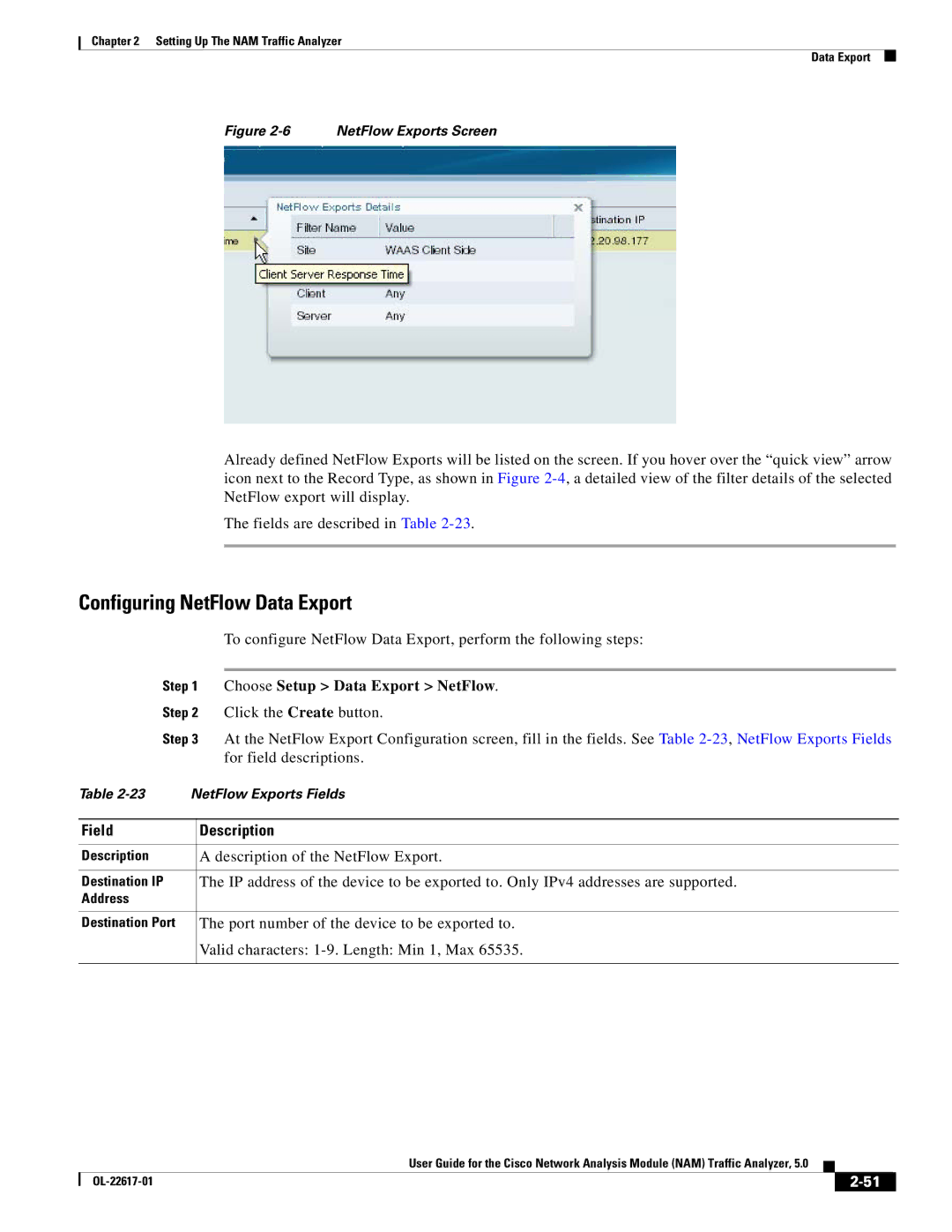 Cisco Systems NAM, 5 manual Configuring NetFlow Data Export, Description of the NetFlow Export 