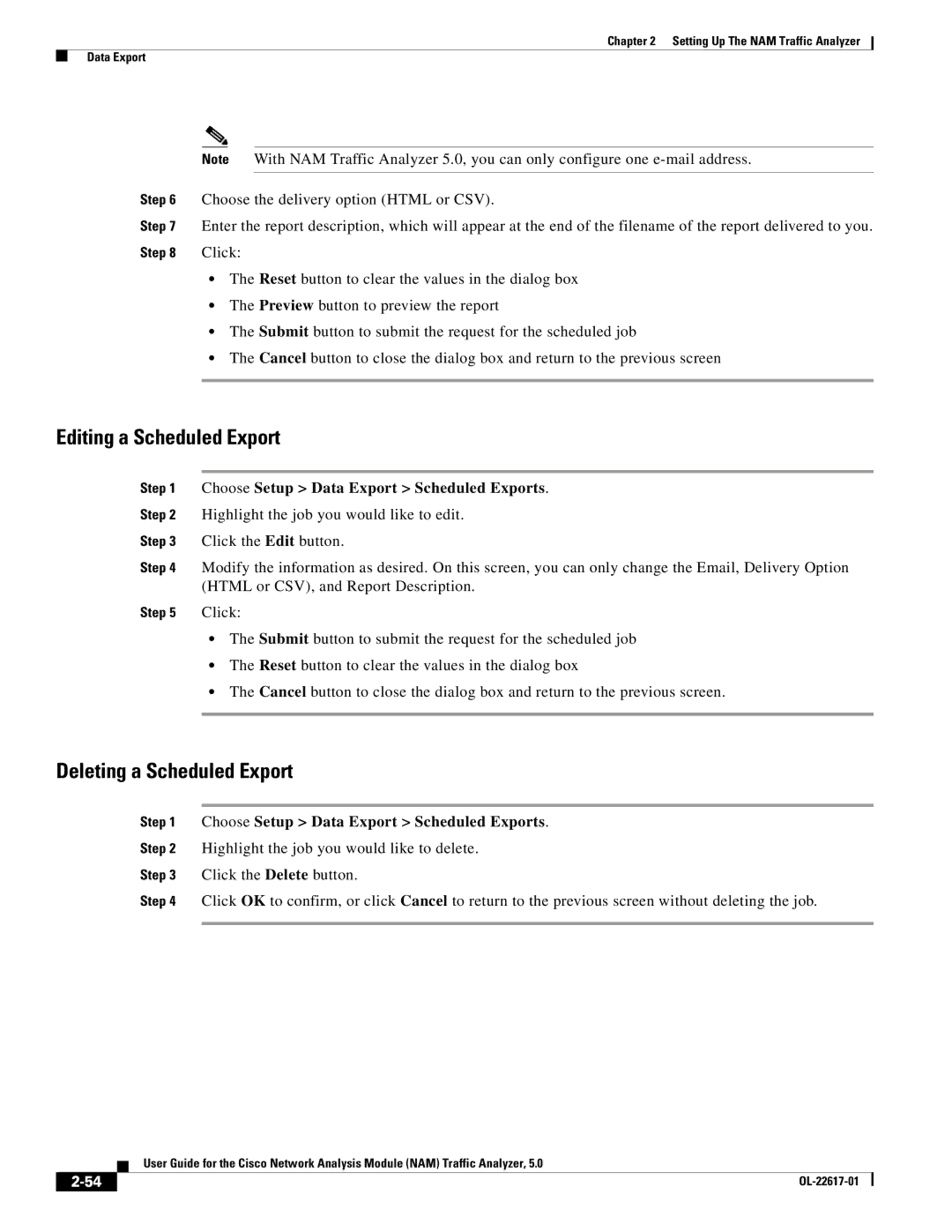 Cisco Systems 5, NAM Editing a Scheduled Export, Deleting a Scheduled Export, Choose Setup Data Export Scheduled Exports 