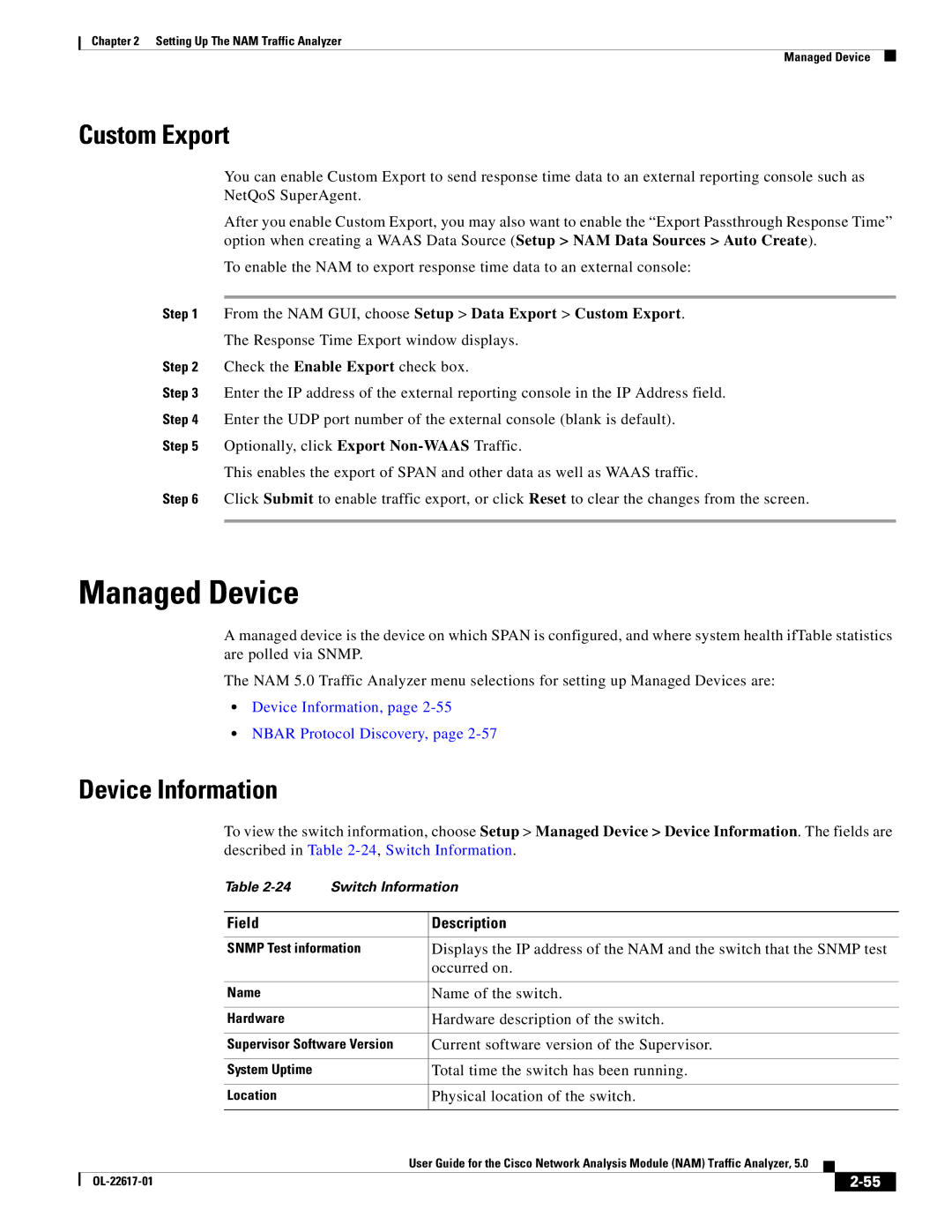 Cisco Systems NAM, 5 manual Managed Device, Custom Export, Device Information 